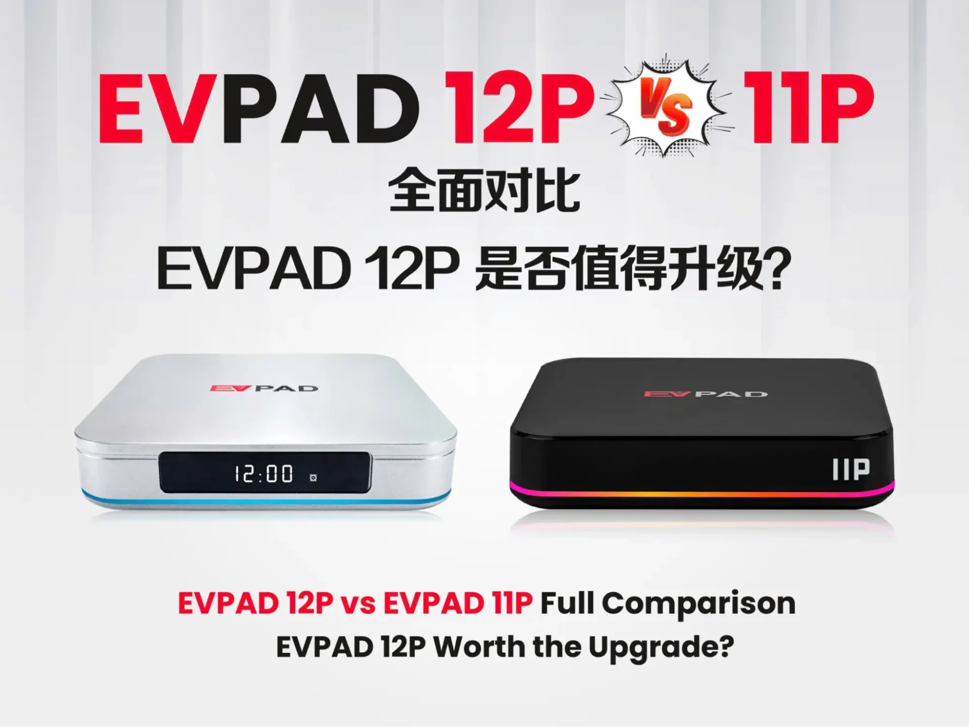 EVPAD 12P と EVPAD 11P の比較バナー。両モデルが並び、アップグレードの価値を問いかける画像。